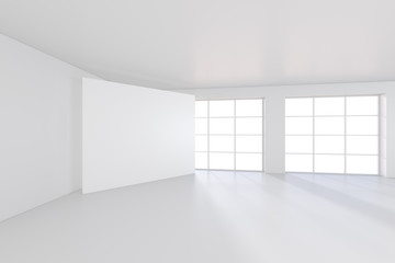 Large white billboard standing near a window in a white room. 3D rendering.