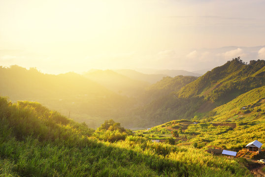 Wonderful scenery in mountains during summer colorful sunset.