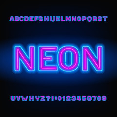 Obraz premium Neon tube alphabet font. Blue and pink color bold letters and numbers. Stock vector typeset for your headers or any typography design.