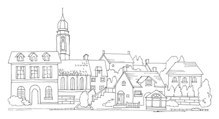 ヨーロッパの街並、線描