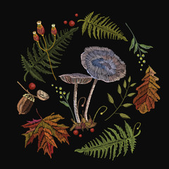 Embroidery mushrooms. Fashion nature template for clothes, textiles, t-shirt design. Fly agarics, toadstools, forest art
