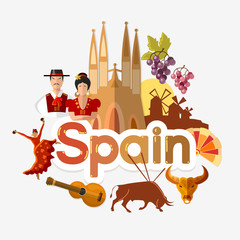 Travel to Spain. Traditions and culture,  Welcome to Spain. Collection of symbolic elements. Template travel background