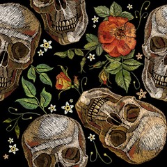 Embroidery skull and roses seamless pattern. Gothic romanntic embroidery human skulls red roses and pink peonies pattern, clothes template and t-shirt design. Dia de muertos, day of the dead art