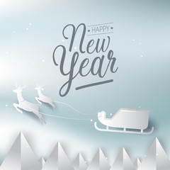 Happy New Year greeting card typography flyer template with lettering. Poster, card, label, banner and reindeer design. Vector illustration