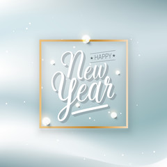 Fototapeta premium Happy New Year greeting card typography flyer template with lettering. Poster, card, label, banner and reindeer design. Vector illustration
