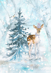 postcard winter. The deer Bambi in the forest. Illustration watercolor - 183173142