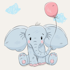 Cute elephant with balloon hand drawn vector illustration. Can be used for t-shirts print, fashion print design, children's clothing, baby shower, holiday greeting and invites.