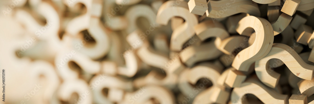 Poster infinite wooden question marks, original 3d rendering