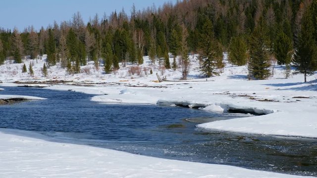 Copter flying over Altai river Multa covered by ice in winter