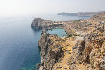 Fototapeta na wymiar St Paul's Bay in Lindos on the Rhodes Island, Greece, where the saint supposedly crashed on the island and brought Christianity with him. 