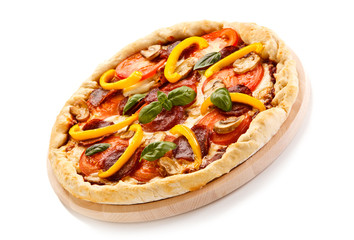 Pizza pepperoni with tomatoes, salami and pepper 