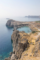 Fototapeta na wymiar St Paul's Bay in Lindos on the Rhodes Island, Greece, where the saint supposedly crashed on the island and brought Christianity with him. 