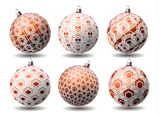 Christmas balls with geometric ornaments. Modern design. Vector.