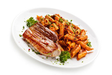 Pasta with tomato sauce and steak