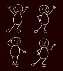 Funny doodle man set. Black and white chalk or wax crayon like kid`s hand drawn. Vector simply line cartoon comic characters. Persons with smiley, happy, victory expressions.