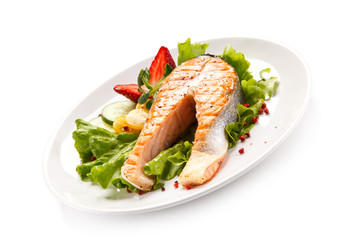 Grilled salmon on white background