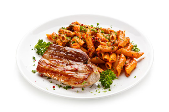 Pasta with tomato sauce and steak