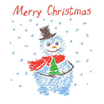 Hand drawn funny smiling snowman with christmas tree on snow background. Like child's drawing crayon, chalk or pencil cute white doodle character. Vector grunge style illustration card.