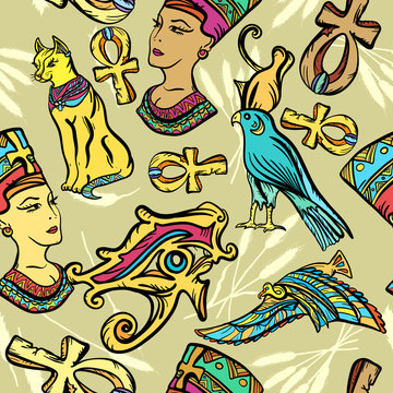 Ancient Egypt art pattern. Classic flash tattoo style Egypt, patches and stickers. Ancient Egypt seamless pattern, old school tattoo. Pharaoh, ankh, eye Ra, Nefertiti, cat