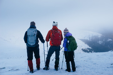 Fototapeta na wymiar The team of friends with backpacks looks at the snow-cowered winter mountains