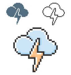 Pixel icon of cloud with lightning (rainless lightning storm weather) in three variants. Fully editable