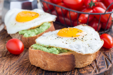 Fototapeta na wymiar Open sandwiches with mashed avocado and fried egg, horizontal