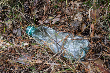 Obraz premium Plastic trash in the forest. Tucked nature. Plastic container lying in the grass.