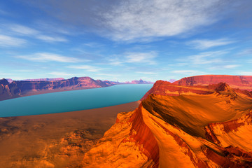 Alien Planet. Rocks and  lake. 3D rendering