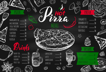 Italian food menu for restaurant and cafe. Pizza and Pasta vector concept. Design template with different hand drawn illustrations and handwritten Lettering