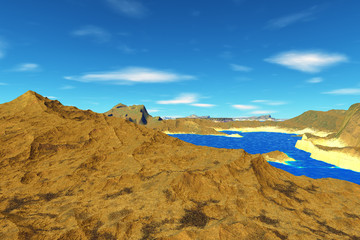 Alien Planet. Rocks and  lake. 3D rendering