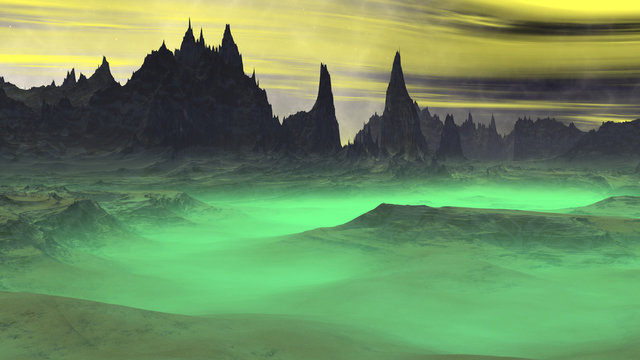 Alien Planet. Rocks and sky. 3D rendering