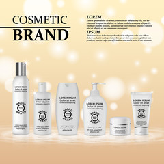 3D realistic cosmetic bottle ads template. Cosmetic brand advertising concept design with glitters and bokeh background