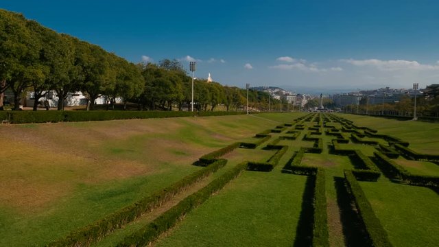 Wide view of Parque Eduardo VII park, the Marques of Pombal square and Avenida da Liberdade in Lisbon, Portugal. The Marquis of Pombal was the reconstruction mastermind.