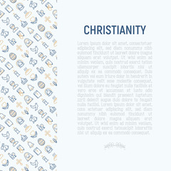 Christianity concept with thin line icons of priest, church, nun, crucifixion, Jesus, bible, dove. Vector illustration for banner, web page, print media.