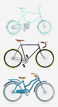 Bicycle for ride. Set riding bikes isolated on grey background.Bike in flat design. push-bicycle for family. Mountain biking, sports, leisure, healthy lifestyle.