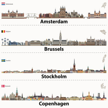 Amsterdam, Brussels, Stockholm and Copenhagen vector cities skylines. Flags and maps of Netherlands, Belgium, Sweden and Denmark