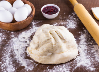 Dough, flour, eggs closeup