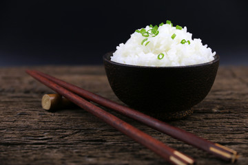 Japanese rice in old wood bowl 