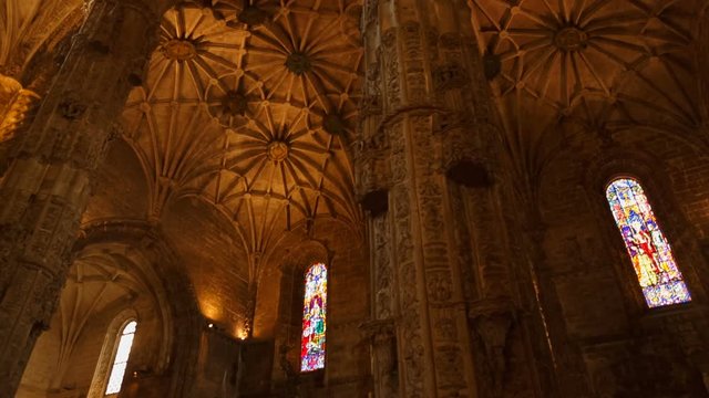 Interior shot showing intricate detail of the 16th century Manueline Hieronymites Monastery, Mosteiro dos Jeronimos, in Lisbon, Portugal. It is a UNESCO World Heritage Site and was completed in 1601.