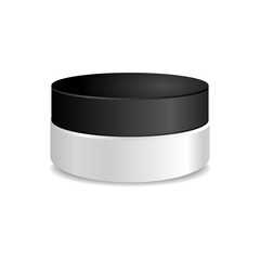 White round box with round black cap. Vector packaging mock up template. Mock up for your design