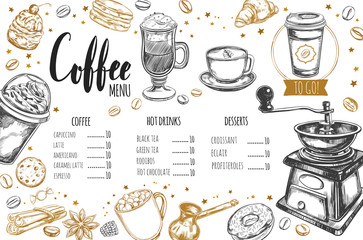 Coffee and Bakery restaurant Menu, brochure. Vector hand drawn template with sketch illustrations and handwritten Lettering, Calligraphy.