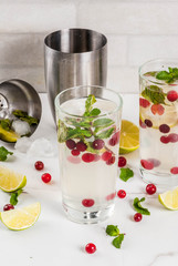 Fall and winter refreshment drink, cranberry mojito cocktail with lime and mint, on white table, copy space
