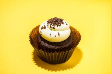 Birthday cupcake against a yellow background