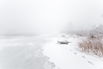 Winter foggy day. Coast of frozen snowy river. Trees, bushes and reeds covered with hoarfrost.
