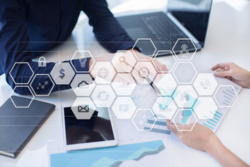 Virtual screen interface with applications icons. APPS. Work Business process in modern office. Strategy planning  Internet technology concept.