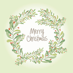 Christmas wreath composition of  mistletoe, fir branches, cones, holly and other plants. Cover, invitation, banner, greeting card. Vector illustration.