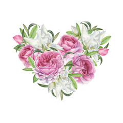 Floral greeting card with heart of flowers. Illustration