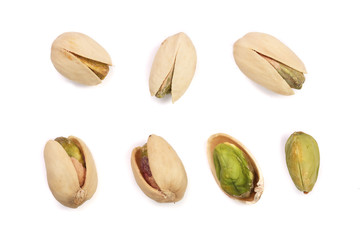 Pistachios isolated on white background, top view. Set or collection