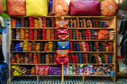Colorful slippers souvenirs in a shop in Morocco
