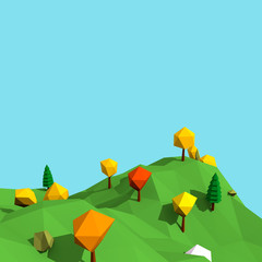 3d illustration rendering of colored low poly trees on hill with blue sky background